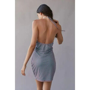 UO Mesh Halter Mini Dress Small Red Blue Checkered Stretch Bodycon Cutout Y2K